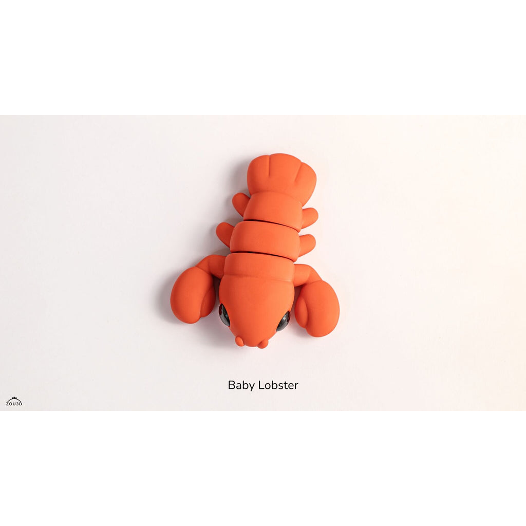 Baby Lobster articulated fidget toy — official Zou3D render, overhead top-down view, orange colourway, showing full body symmetry