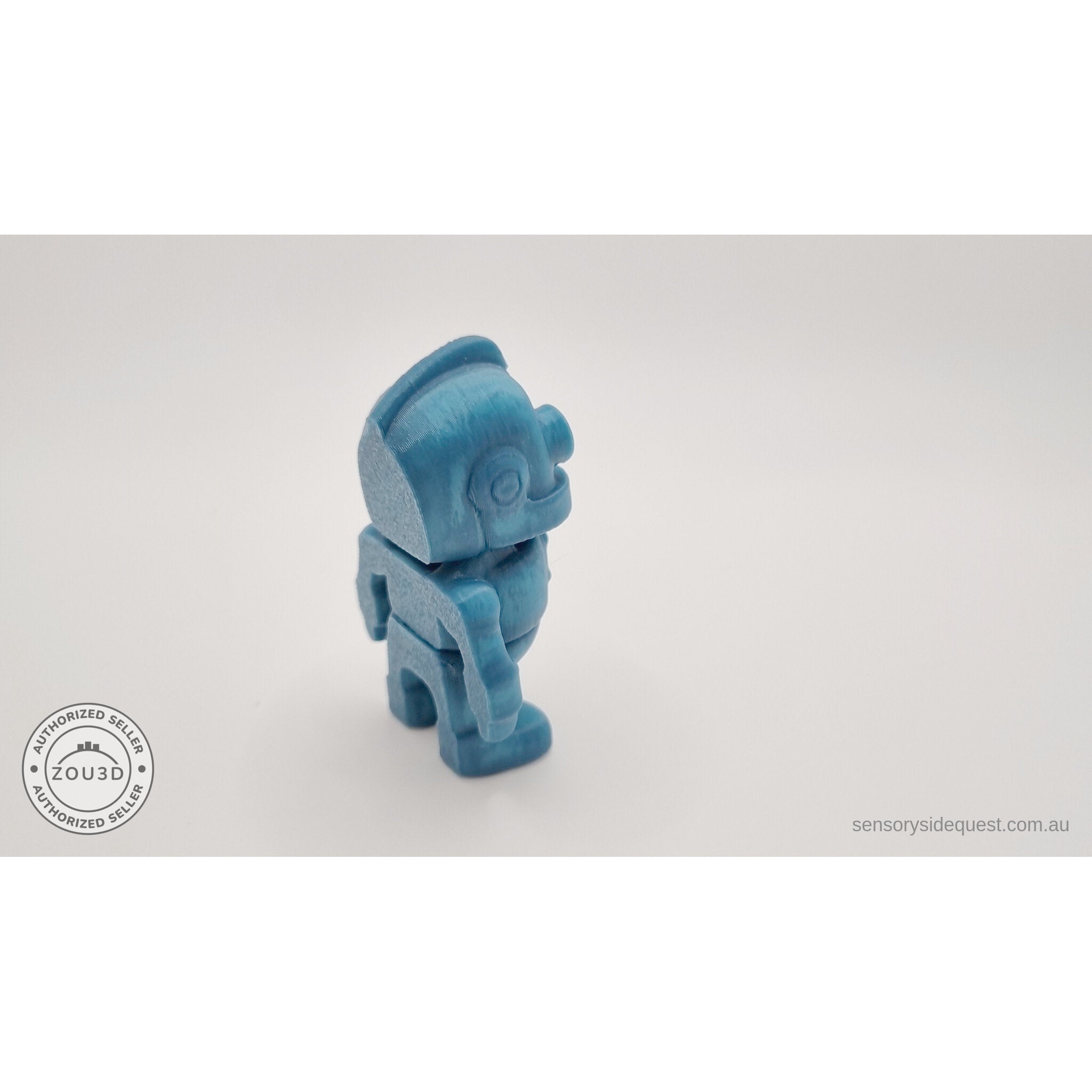 3D printed Tiny Robot articulated fidget toy in teal — 3/4 right view showing side profile and arm detail — Sensory Sidequest