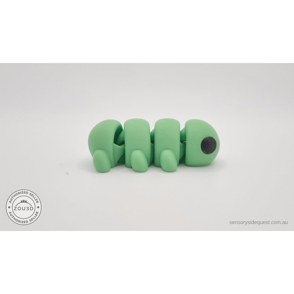 Green Baby Caterpillar 3D printed articulated fidget toy — straight front face view showing large eyes — Sensory Sidequest Australia