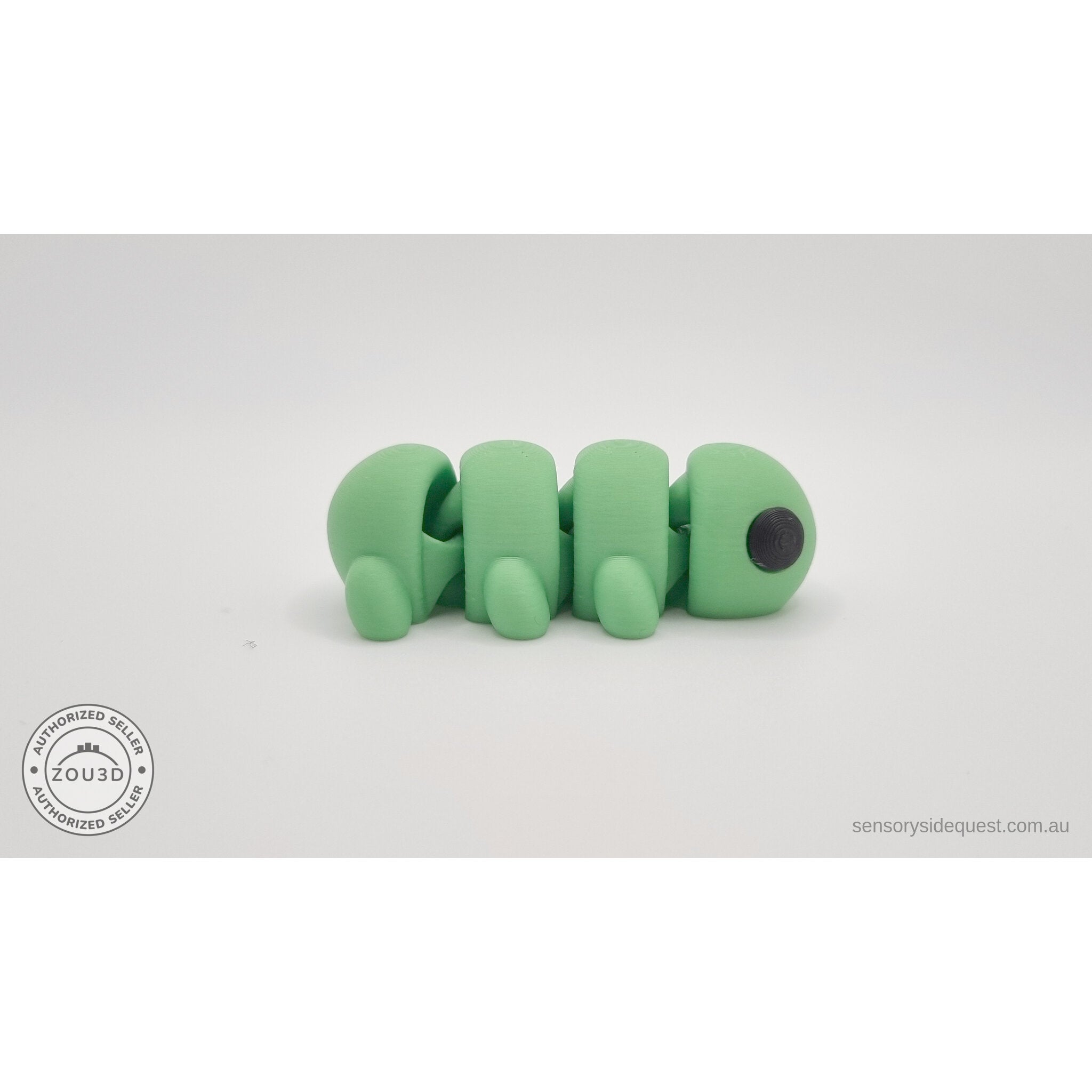 Green Baby Caterpillar 3D printed articulated fidget toy — straight front face view showing large eyes — Sensory Sidequest Australia