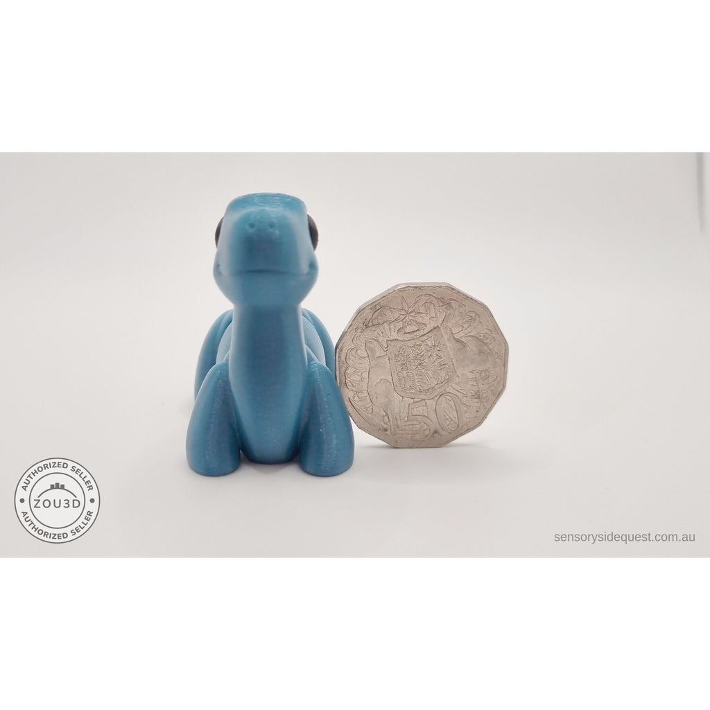 Blue Baby Brontosaurus 3D printed articulated fidget toy shown upright front view with Australian 50 cent coin for scale — Sensory Sidequest Australia