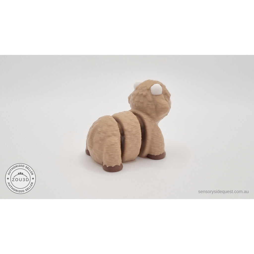 Baby Highland Cow 3D printed fidget toy — three-quarter front-side view showing pink nose and articulated body segments — Sensory Sidequest