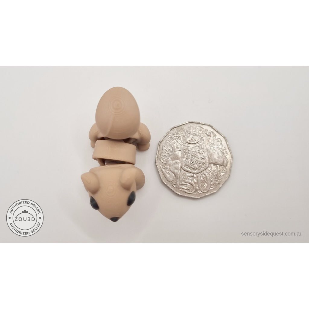 Baby Squirrel Zou3D 3D printed articulated fidget toy — overhead flat-lay beside Australian 50 cent coin showing compact palm-sized scale — Sensory Sidequest Australia