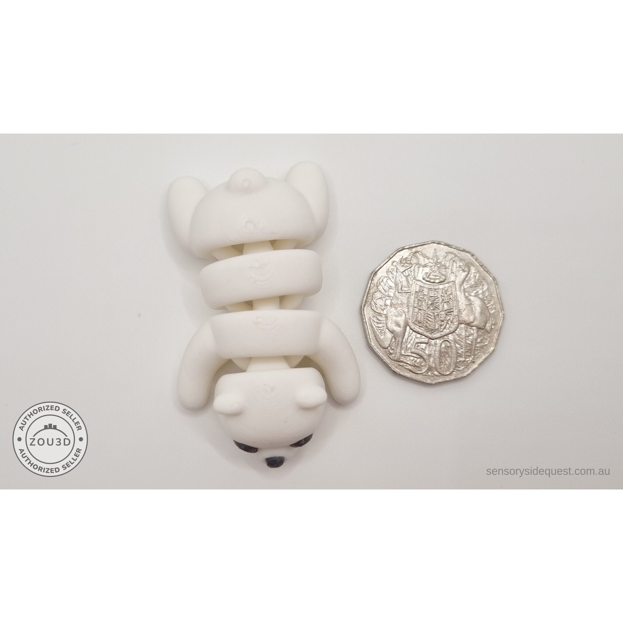 White Baby Bear 3D printed articulated fidget toy shown with Australian 50 cent coin for scale — Sensory Sidequest Australia