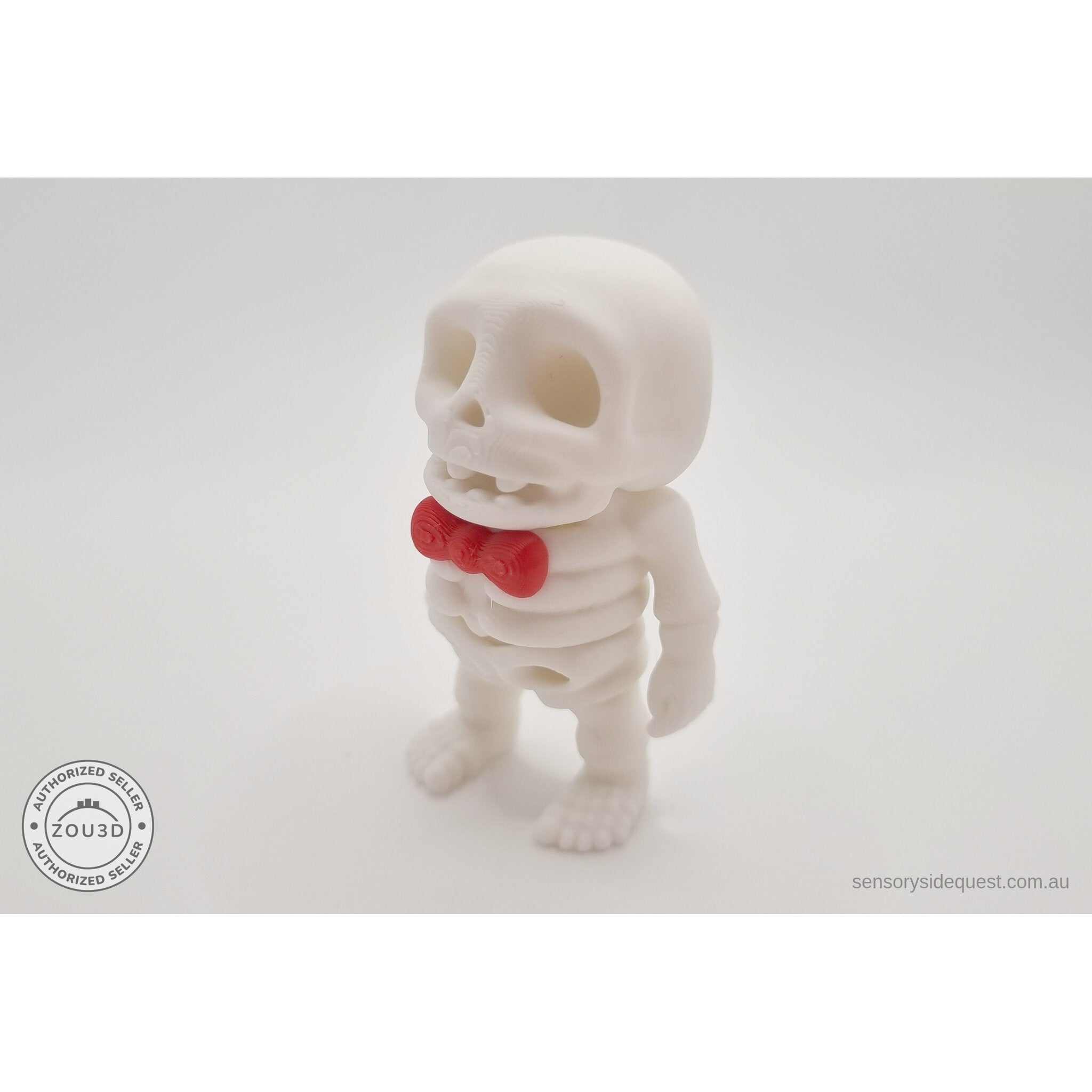Mr.Skeleton Basic variant front closeup showing clean skull and red bow tie detail — 3D printed articulated fidget toy by Sensory Sidequest