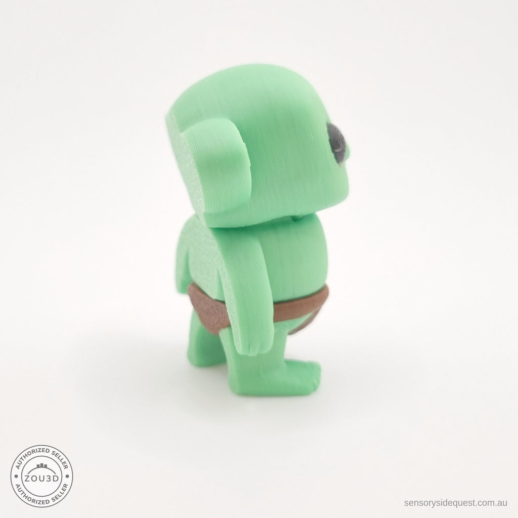 Green Tiny Goblin 3D printed toy — close-up 3/4 view showing loincloth detail