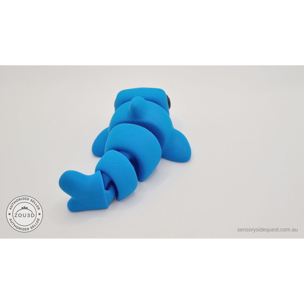 024-SHK Baby Shark in cyan matte, twisted articulated pose showing flex between segments — 3D printed fidget toy by Sensory Sidequest