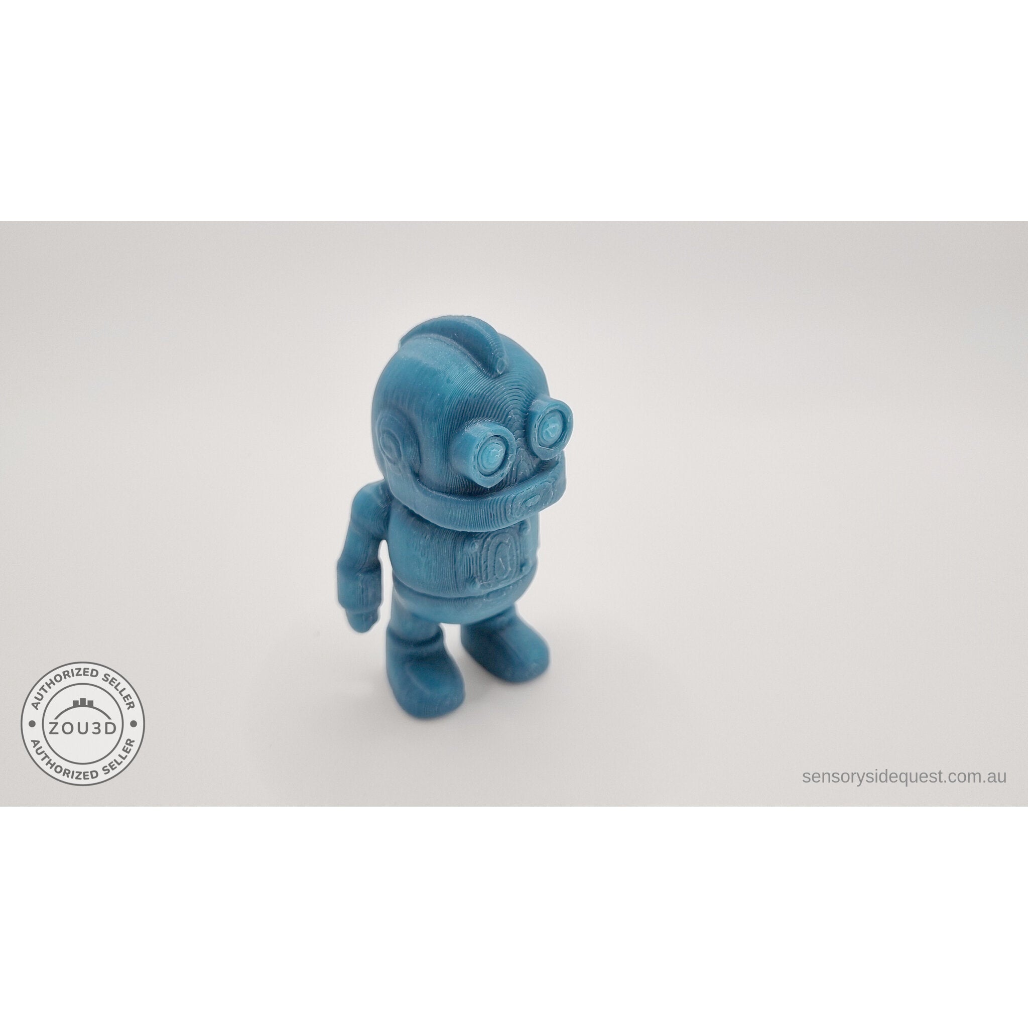 3D printed Tiny Robot articulated fidget toy in teal — close 3/4 right view showing head detail and body segments — Sensory Sidequest