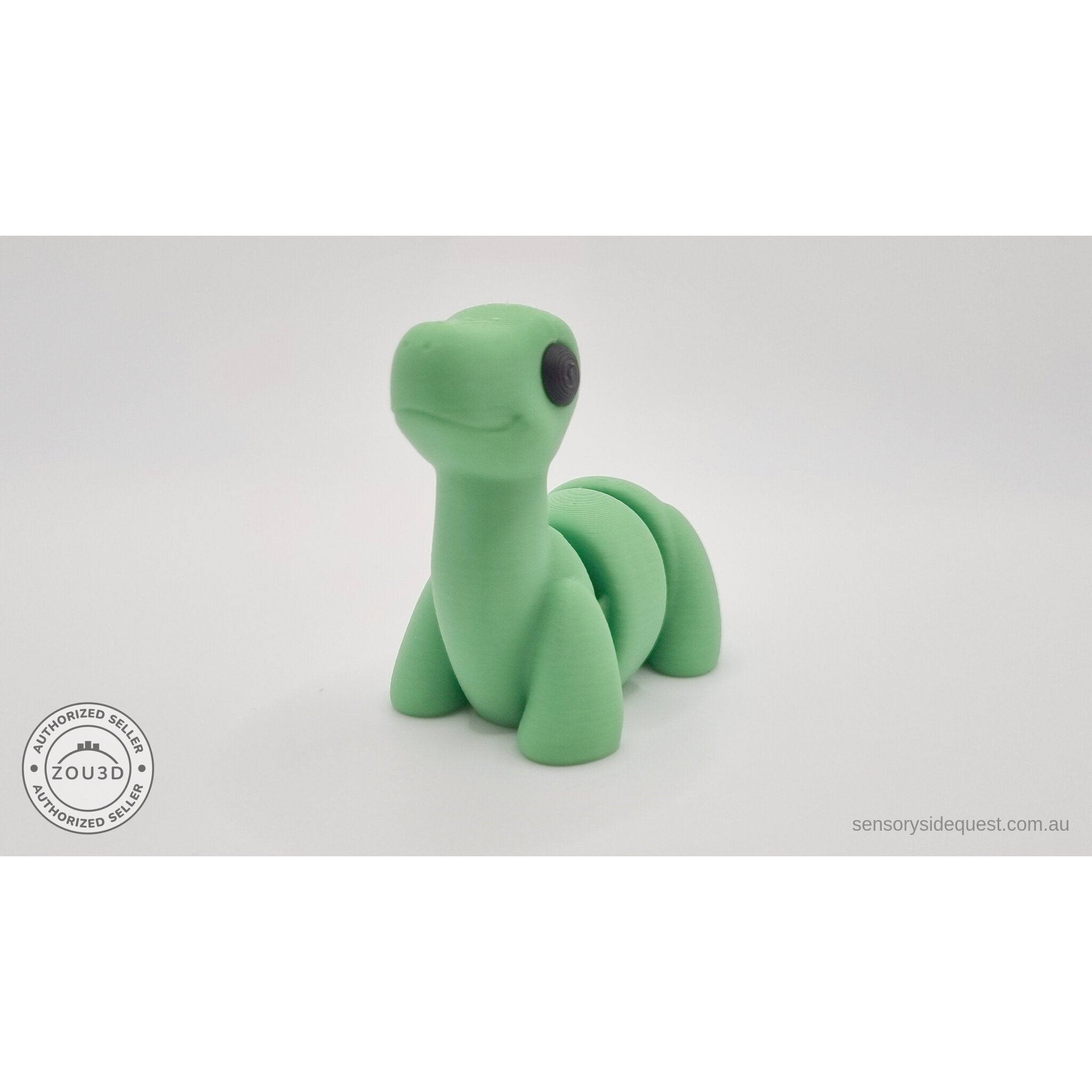 Green Baby Brontosaurus 3D printed articulated fidget toy — 3/4 front view showing neck, face and body — Sensory Sidequest Australia