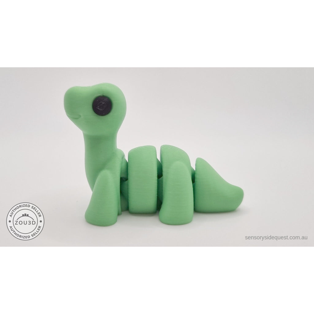 Green Baby Brontosaurus 3D printed articulated fidget toy — upright front face view — Sensory Sidequest Australia