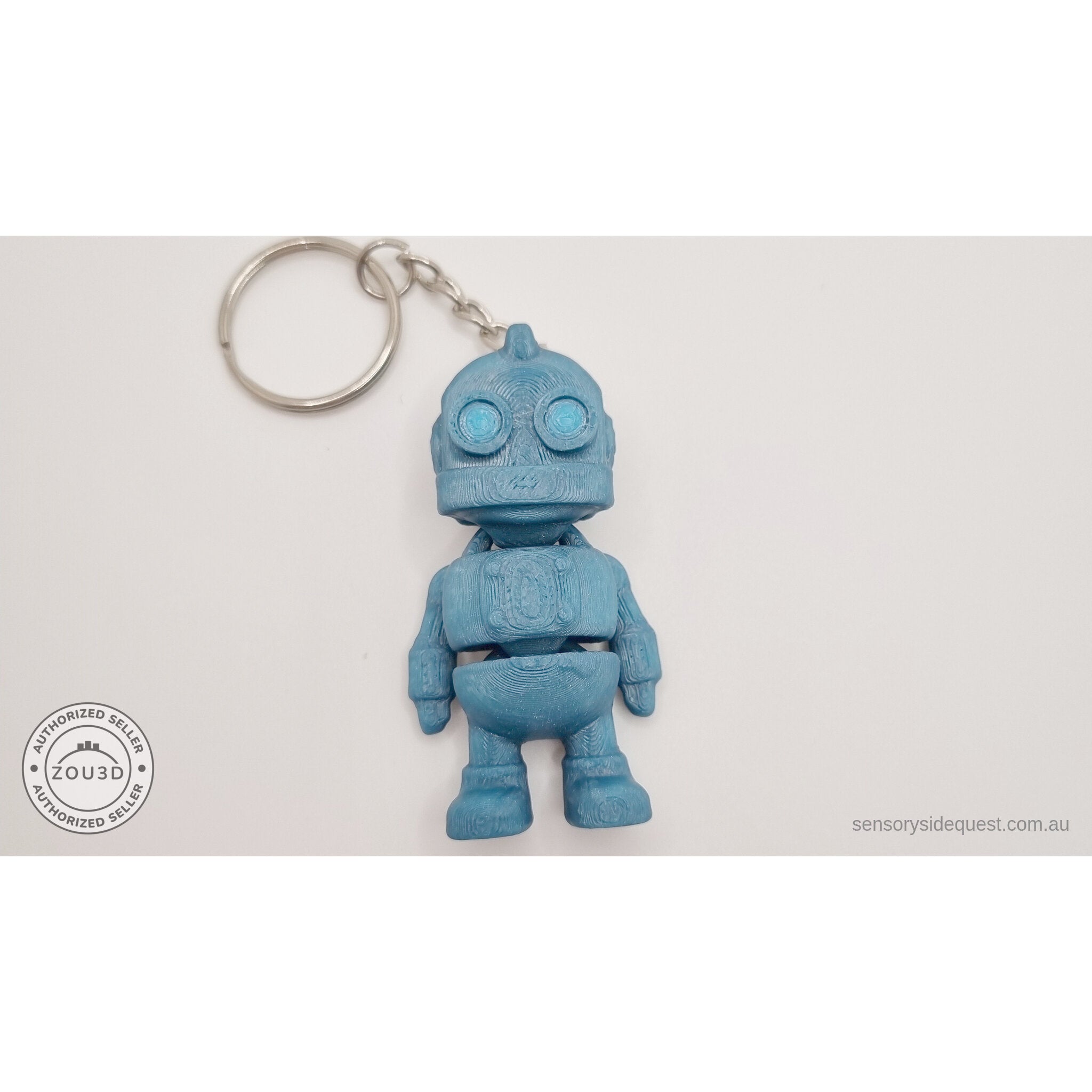 Tiny Robot 3D printed fidget toy keychain variant in teal — front view showing full figure with keychain ring and chain hardware — Sensory Sidequest