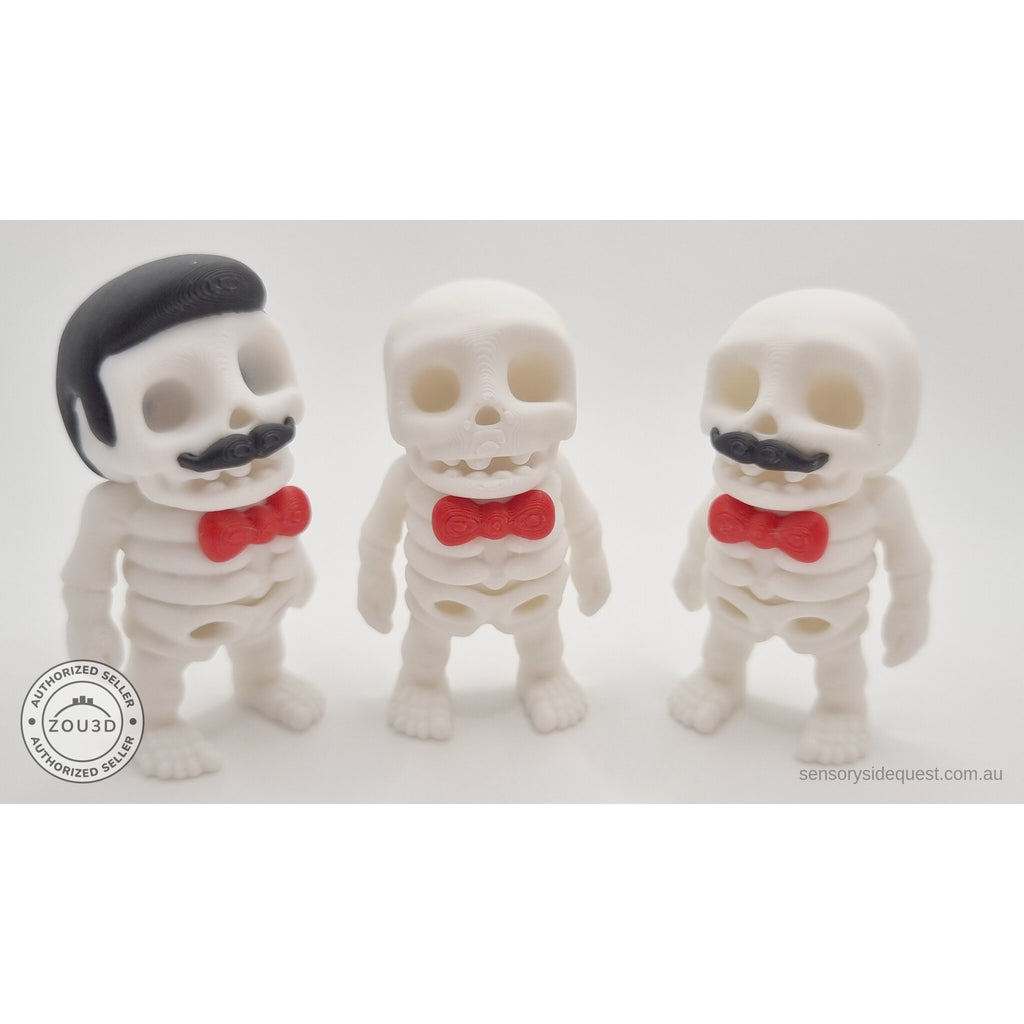 Mr.Skeleton all three variants front view — Freddie Mercury, Moustache, and Basic side by side — 3D printed articulated fidget toys by Sensory Sidequest