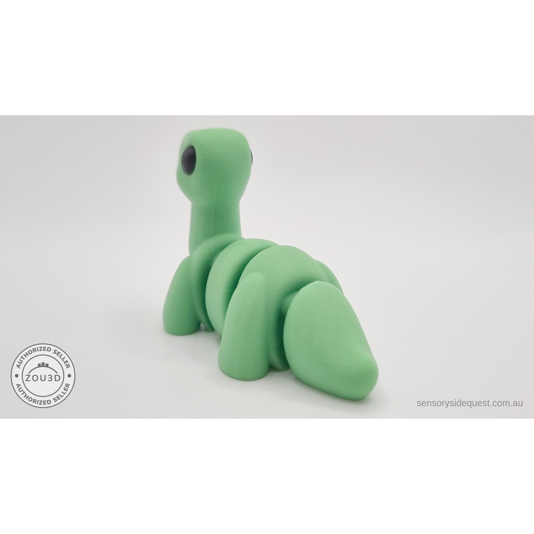 Green Baby Brontosaurus 3D printed articulated fidget toy — rear 3/4 angle showing body and tail — Sensory Sidequest Australia