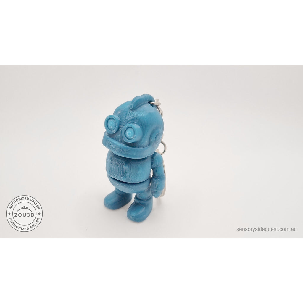 Tiny Robot 3D printed fidget toy keychain variant in teal — close 3/4 front view showing circular eyes and keychain ring — Sensory Sidequest