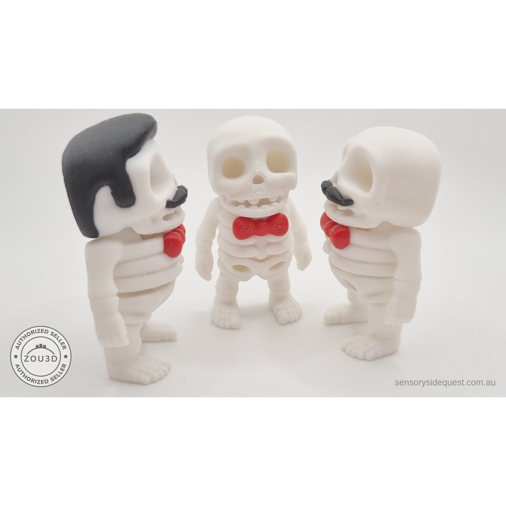 Mr.Skeleton all three variants angled group shot — Freddie Mercury, Moustache, and Basic — 3D printed articulated fidget toys by Sensory Sidequest