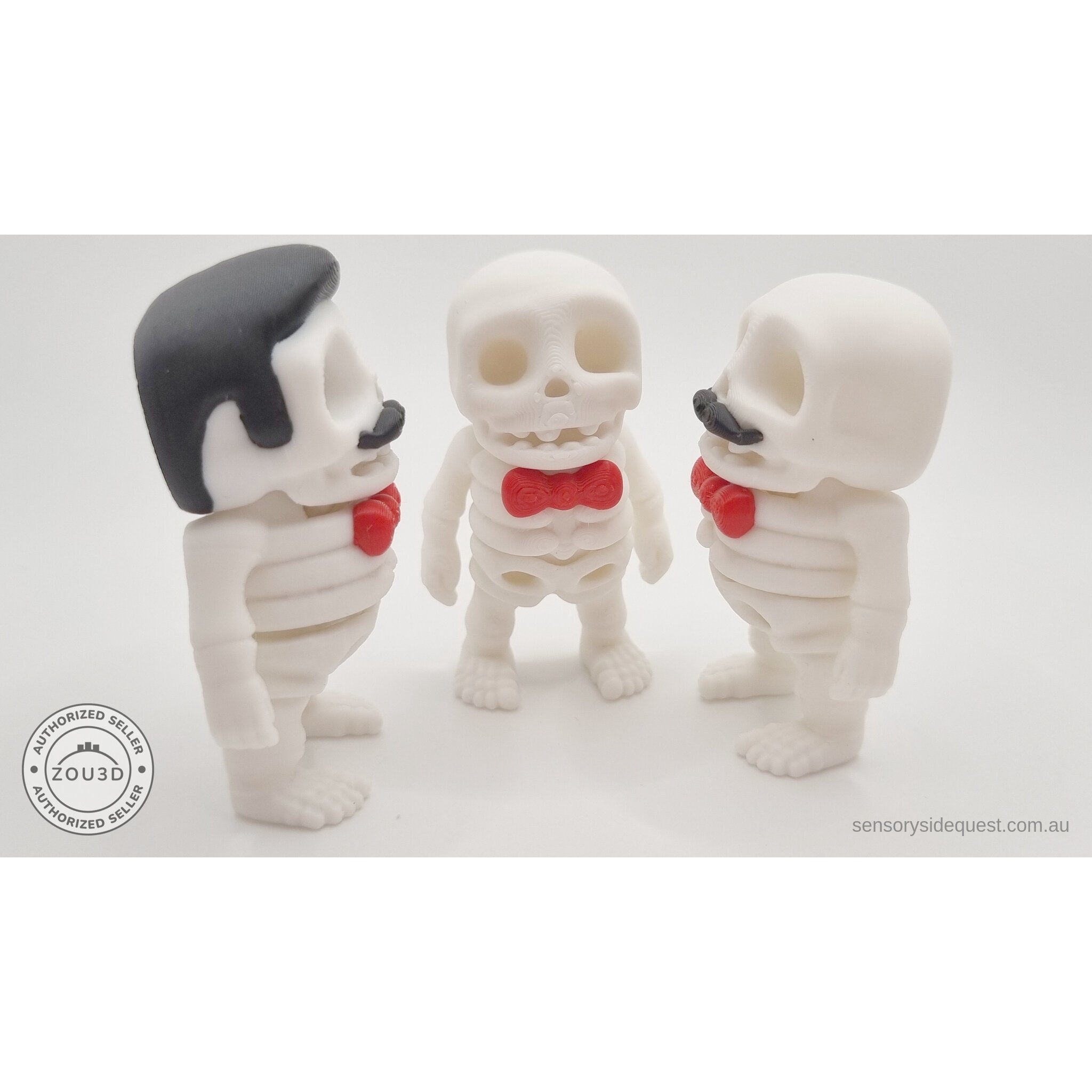 Mr.Skeleton all three variants angled group shot — Freddie Mercury, Moustache, and Basic — 3D printed articulated fidget toys by Sensory Sidequest