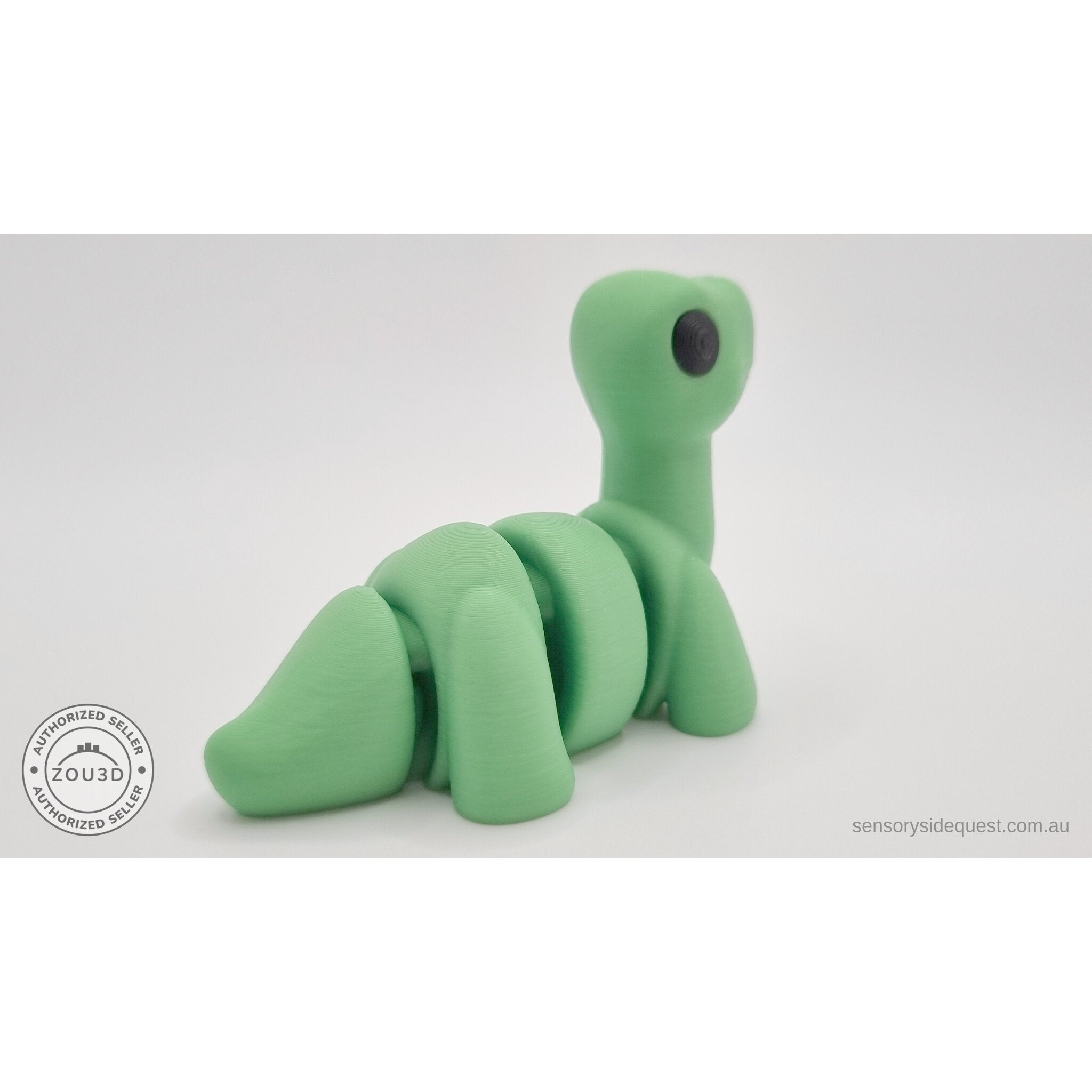 Green Baby Brontosaurus 3D printed articulated fidget toy — rear straight view showing tail detail — Sensory Sidequest Australia
