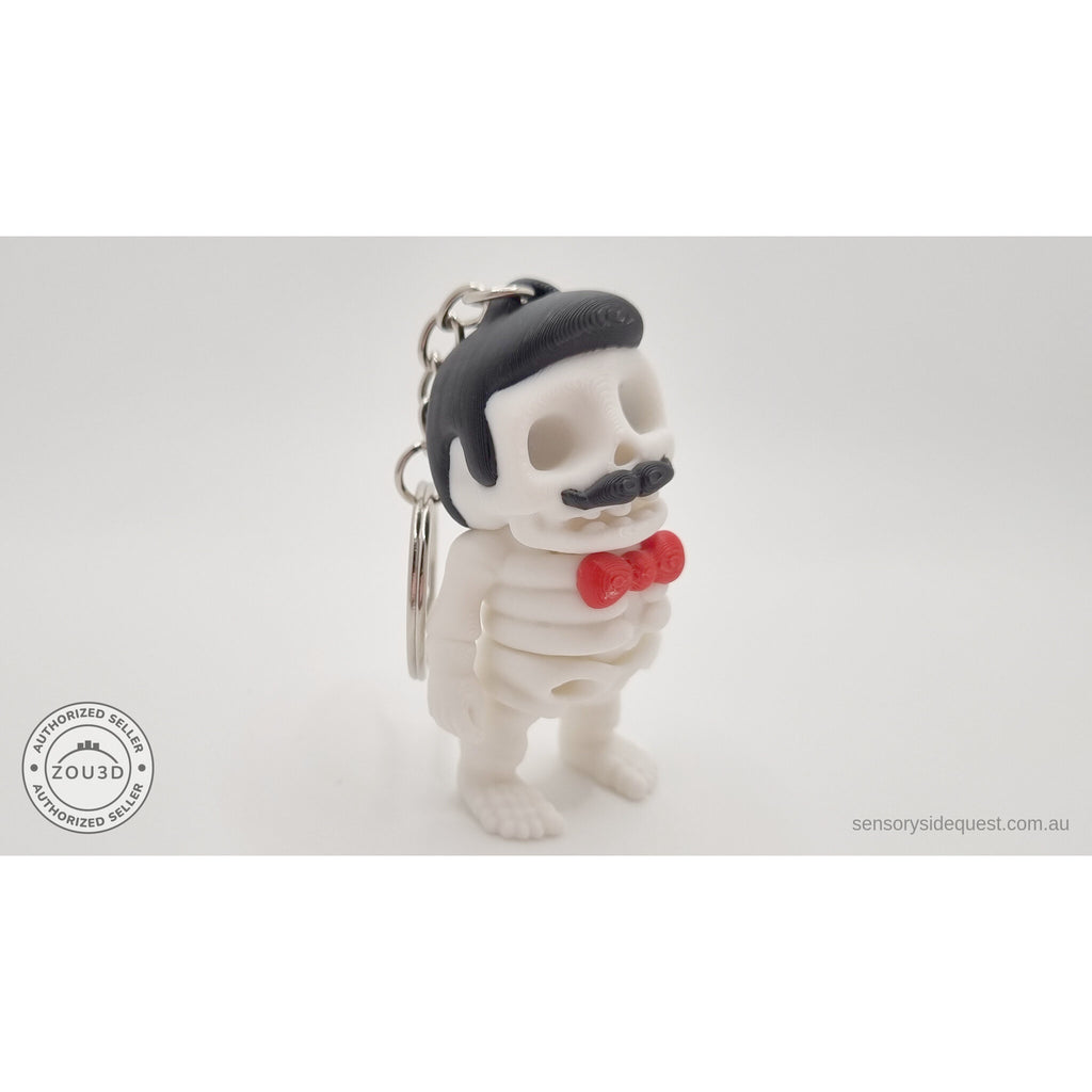 Mr.Skeleton Freddie Mercury keychain variant 3/4 front view with split ring hardware — 3D printed articulated fidget toy by Sensory Sidequest