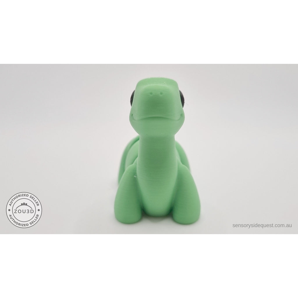 Green Baby Brontosaurus 3D printed articulated fidget toy — straight front face view — Sensory Sidequest Australia
