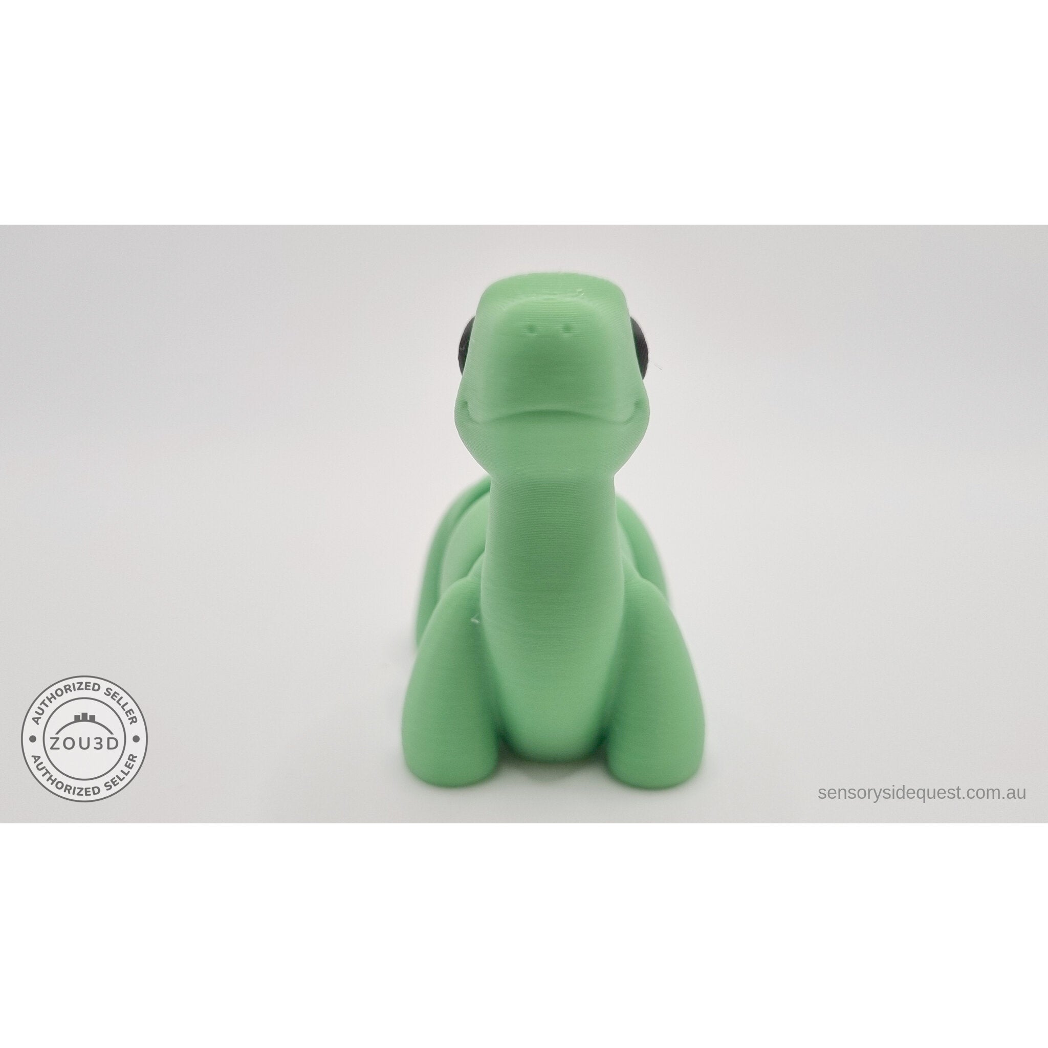 Green Baby Brontosaurus 3D printed articulated fidget toy — straight front face view — Sensory Sidequest Australia