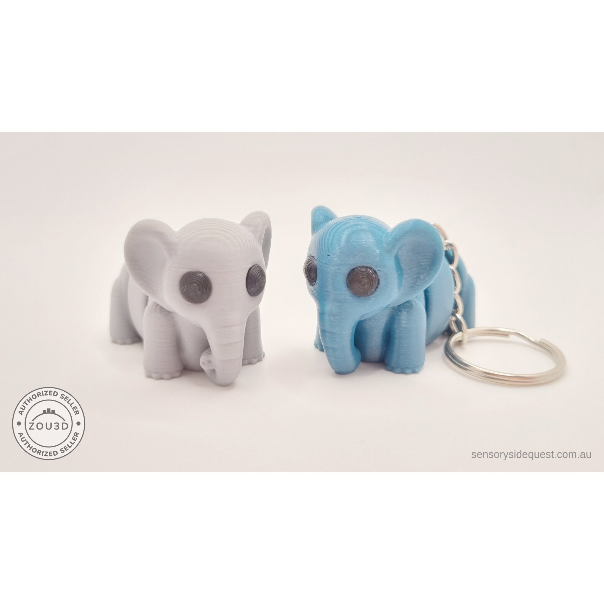Grey and Blue Baby Elephant 3D printed fidget toys — standalone and keychain variants by Sensory Sidequest