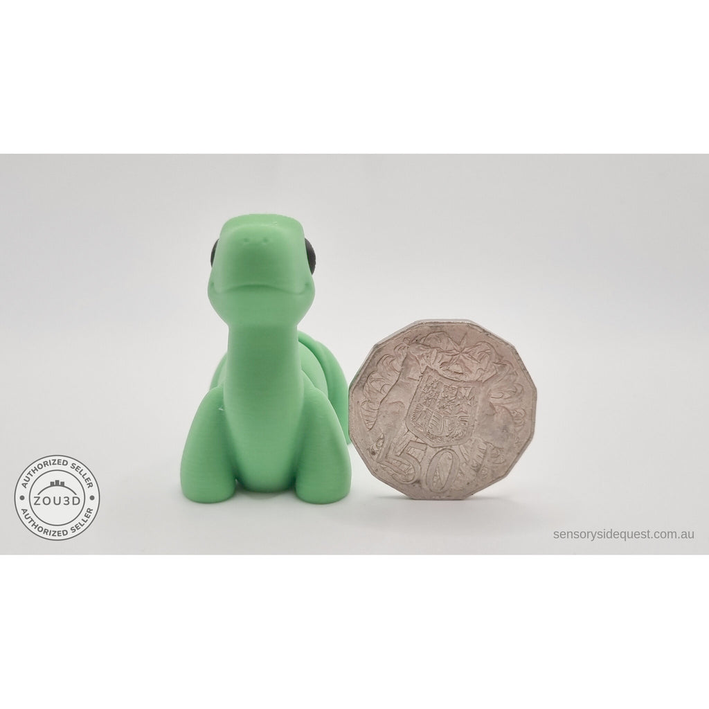 Blue and Green Baby Brontosaurus 3D printed articulated fidget toys together — both colour variants — Sensory Sidequest Australia