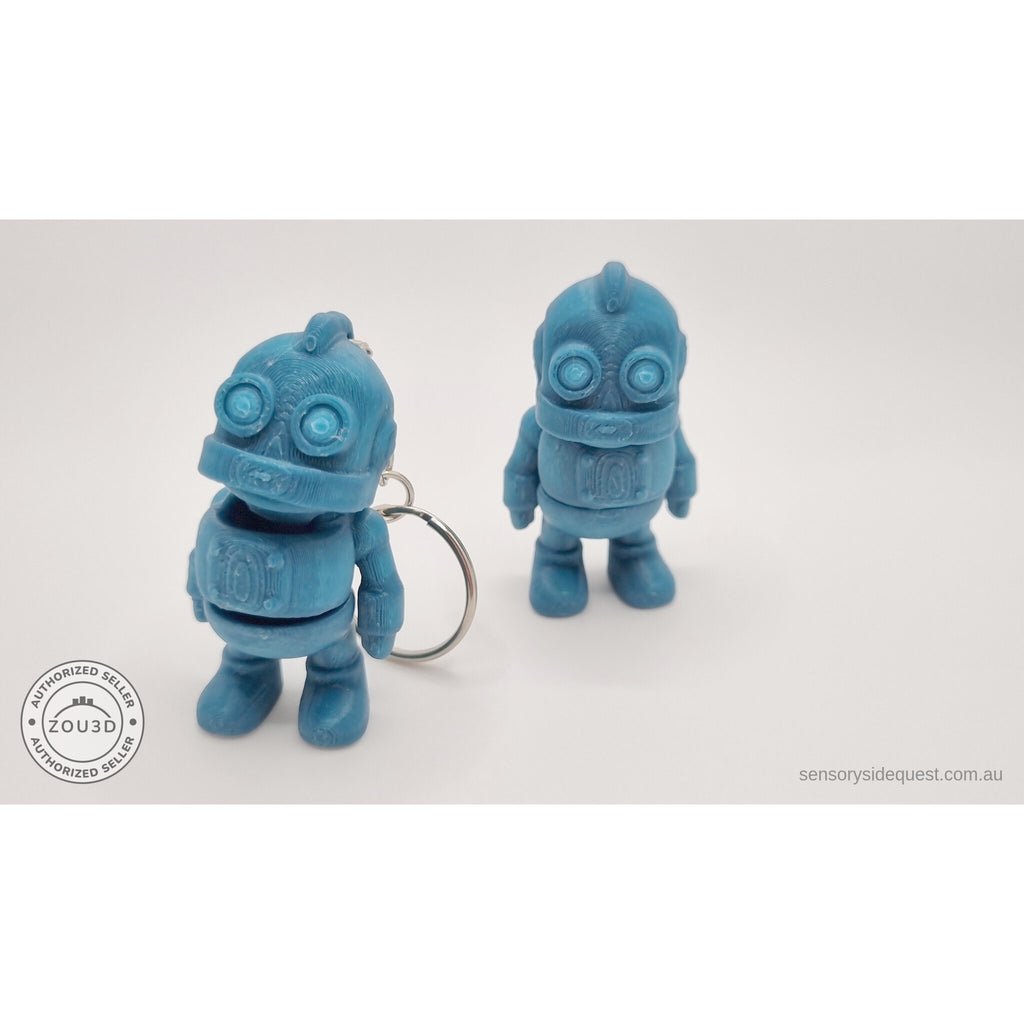 Tiny Robot 3D printed fidget toy — keychain variant (left) and standalone (right) both upright in teal, showing side by side comparison — Sensory Sidequest