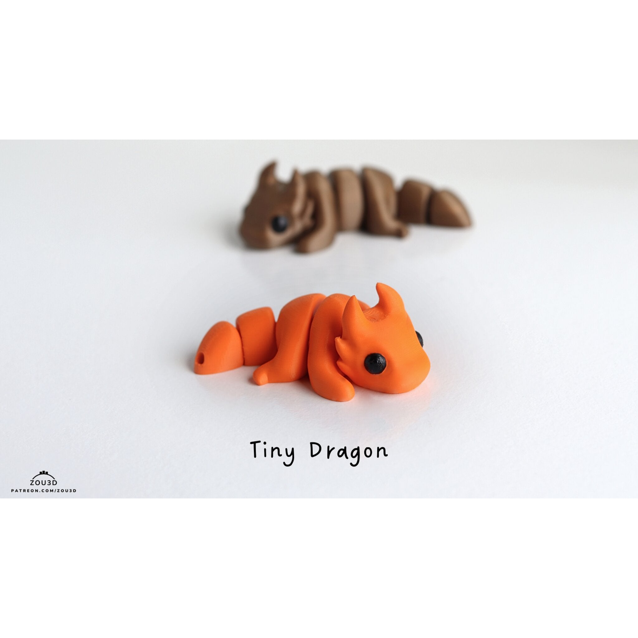Tiny Dragon 3D printed articulated fidget toy in orange — Zou3D design by Sensory Sidequest Australia (3/4 side view, hero)