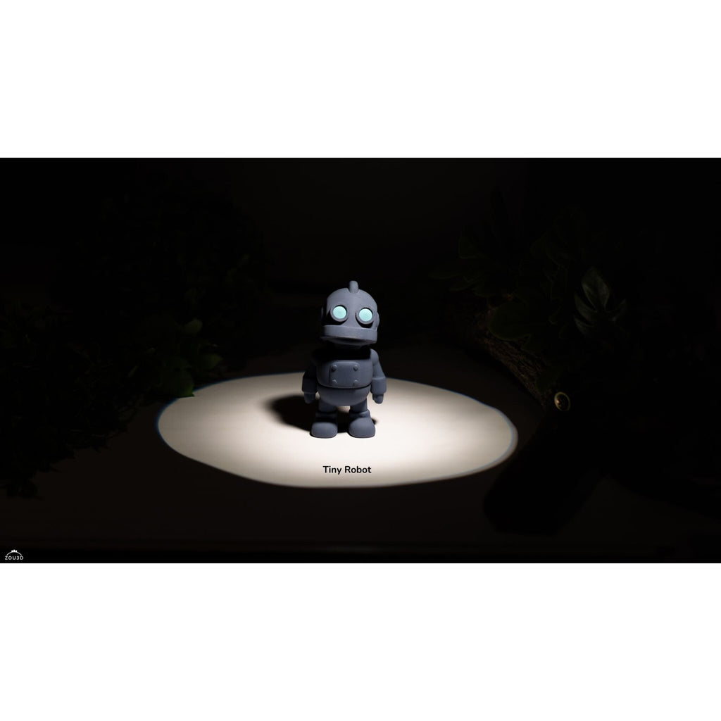 Zou3D render of Tiny Robot articulated fidget toy in grey/slate — front-facing hero view