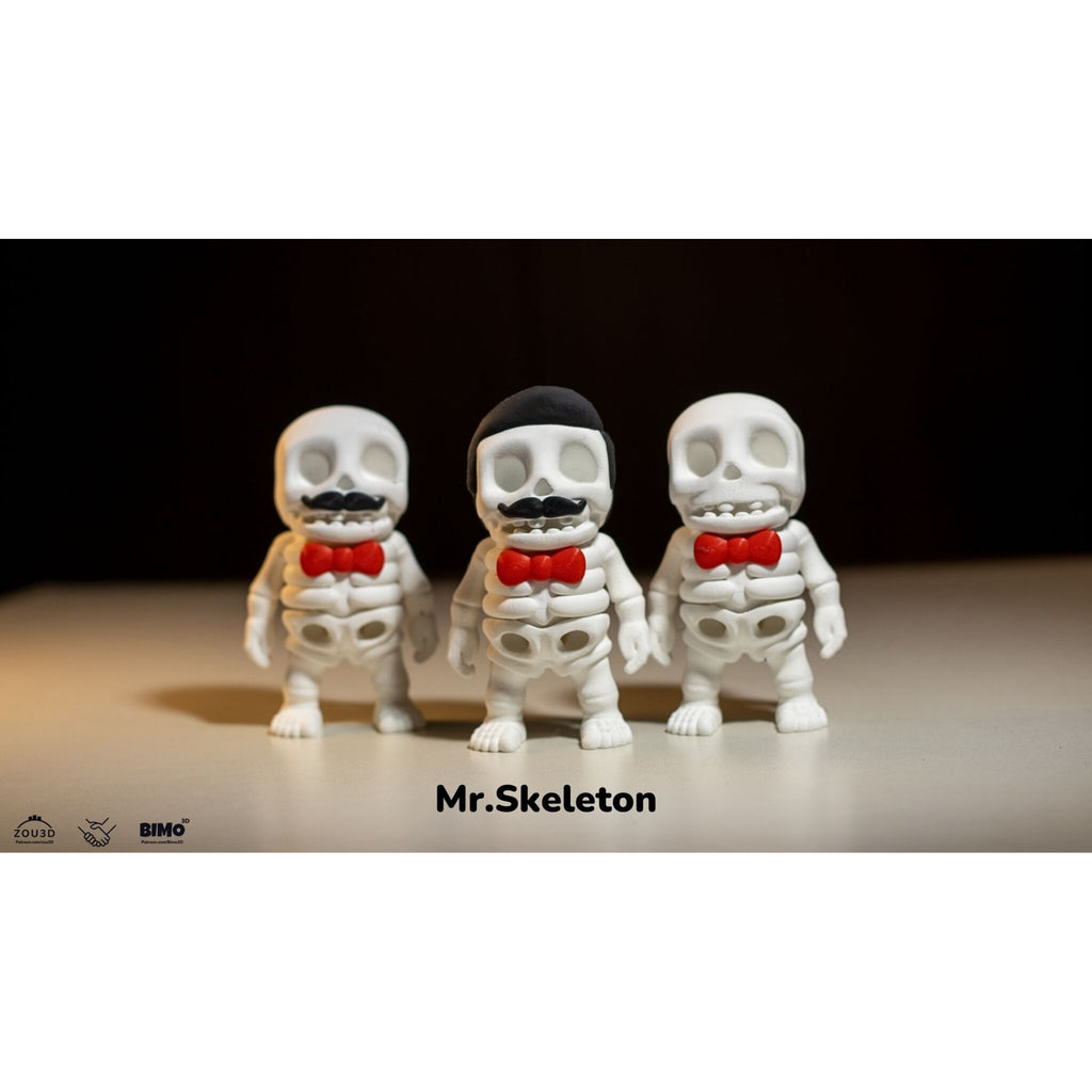 Mr.Skeleton 3D printed articulated fidget toy — official Zou3D × BIMo3D promo image showing all three variants: Moustache, Freddie Mercury, and Basic — white PLA with red bow ties against dark background
