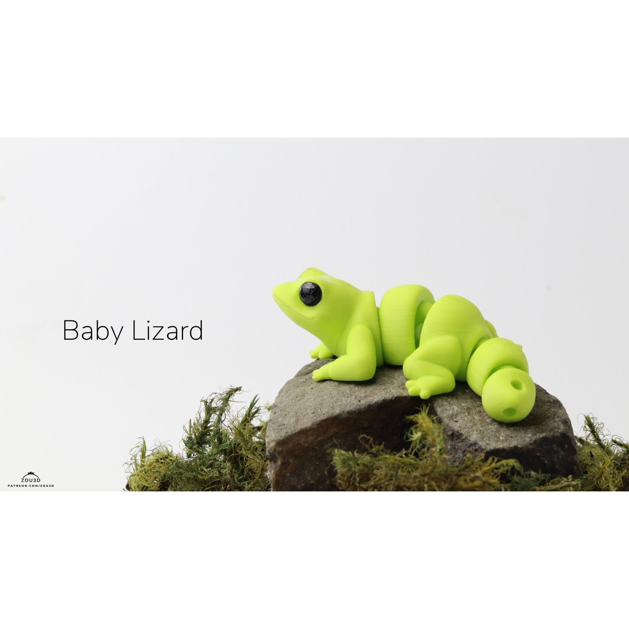 Baby Lizard (ZOU3D) articulated fidget toy — official render, 3/4 side view on mossy rock