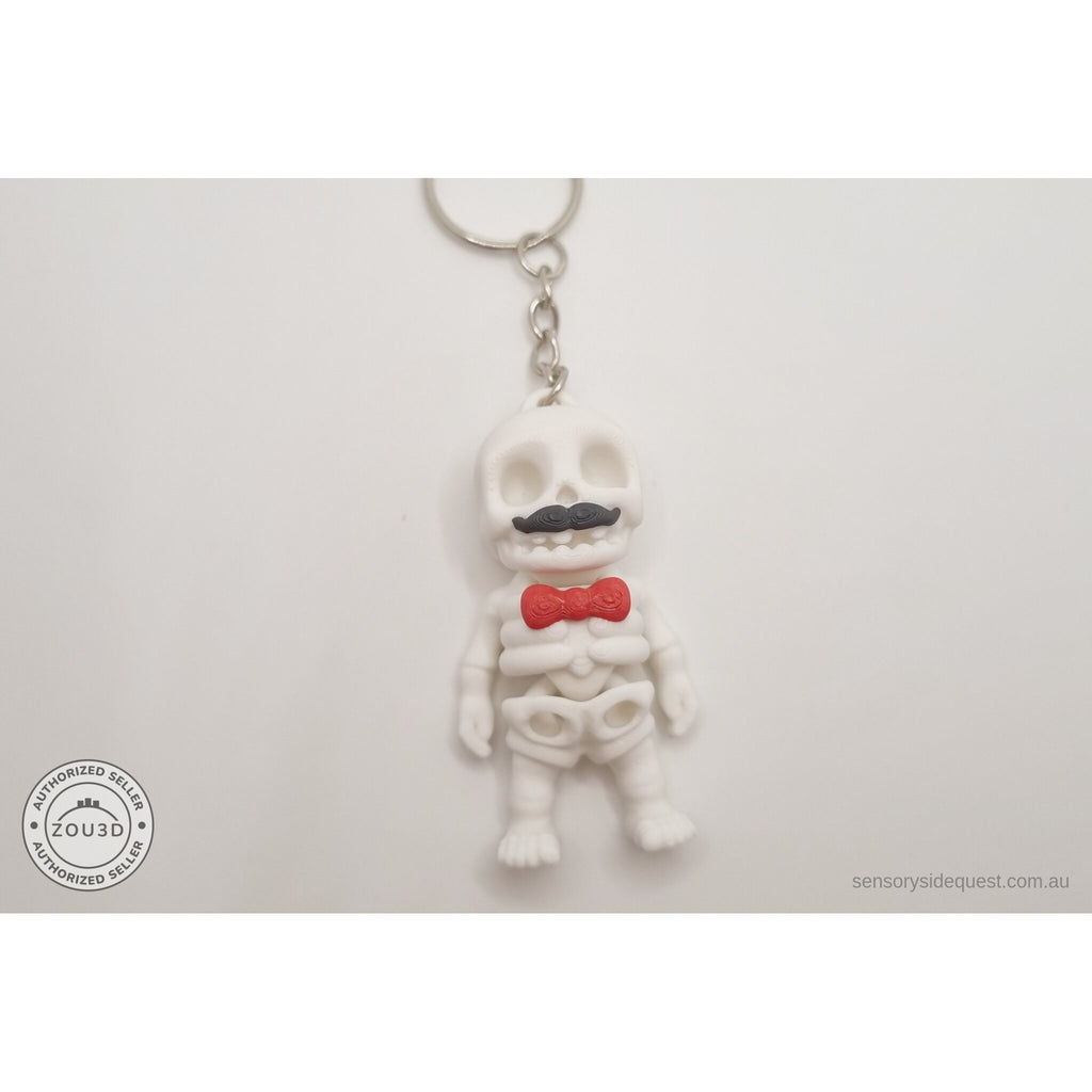 Mr.Skeleton Moustache keychain variant flat front showing full figure with keychain attachment — 3D printed articulated fidget toy by Sensory Sidequest