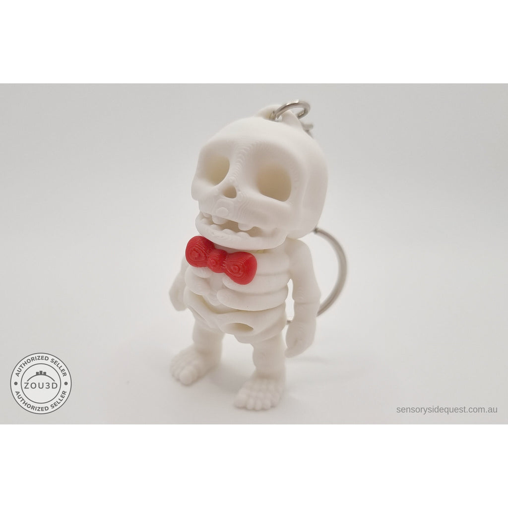 Mr.Skeleton Basic keychain variant 3/4 front view with split ring hardware — 3D printed articulated fidget toy by Sensory Sidequest