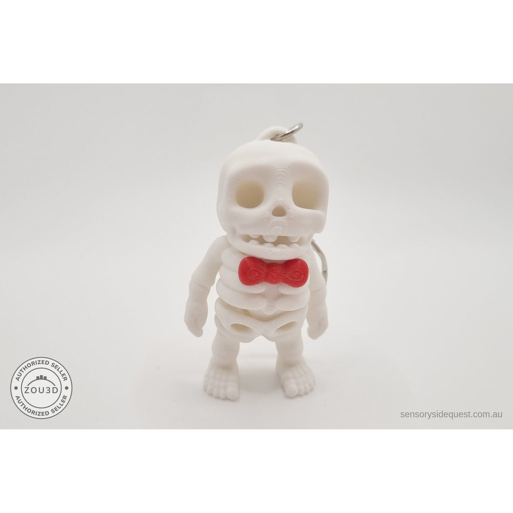 Mr.Skeleton Basic keychain variant front closeup showing skull and red bow tie detail with keychain — 3D printed articulated fidget toy by Sensory Sidequest