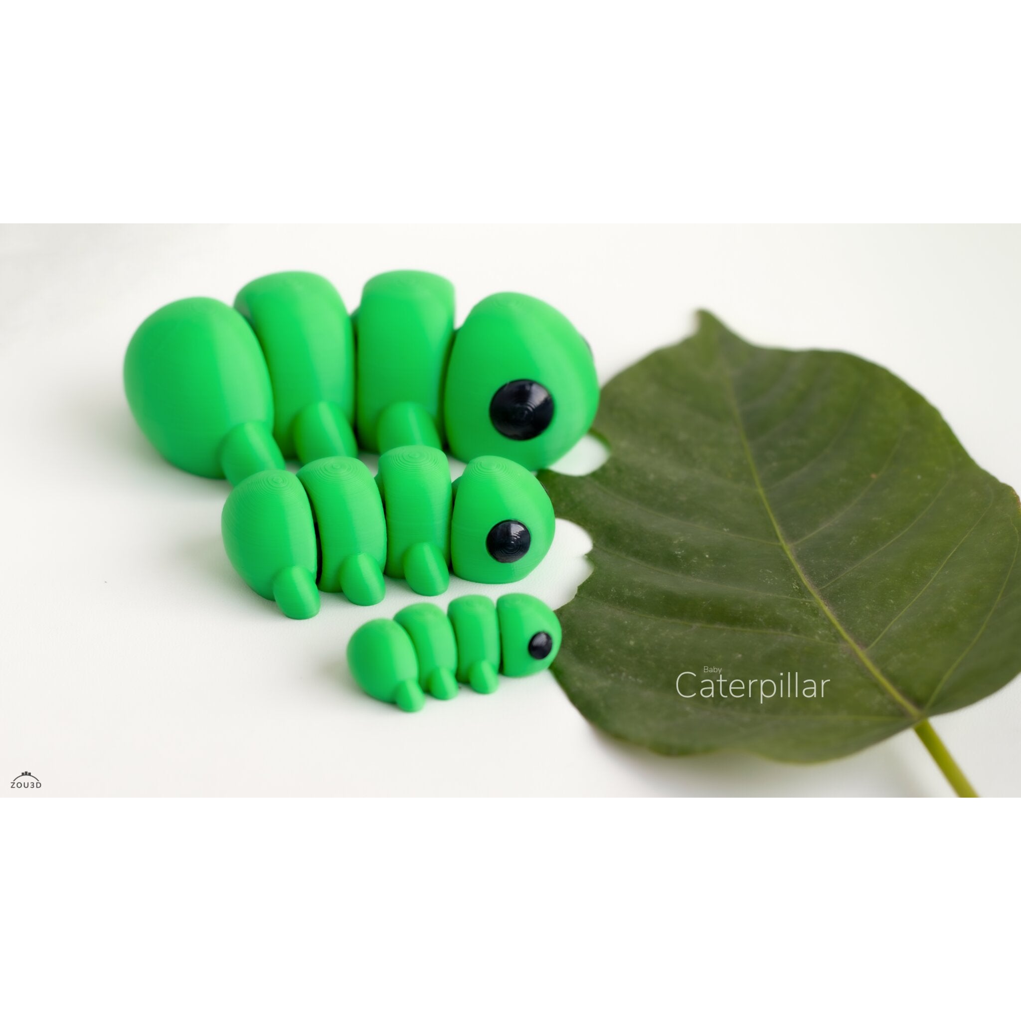 Three sizes of Caterpillar 3D printed articulated fidget toy arranged together — Zou3D Baby Caterpillar by Sensory Sidequest