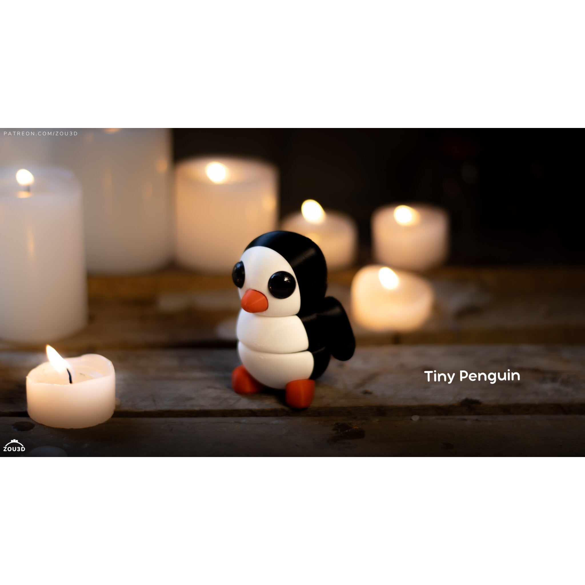 Penguin articulated fidget toy designer lifestyle render, 3/4 view with candlelight, white and black with orange beak and feet — 3D printed articulated fidget toy by Sensory Sidequest
