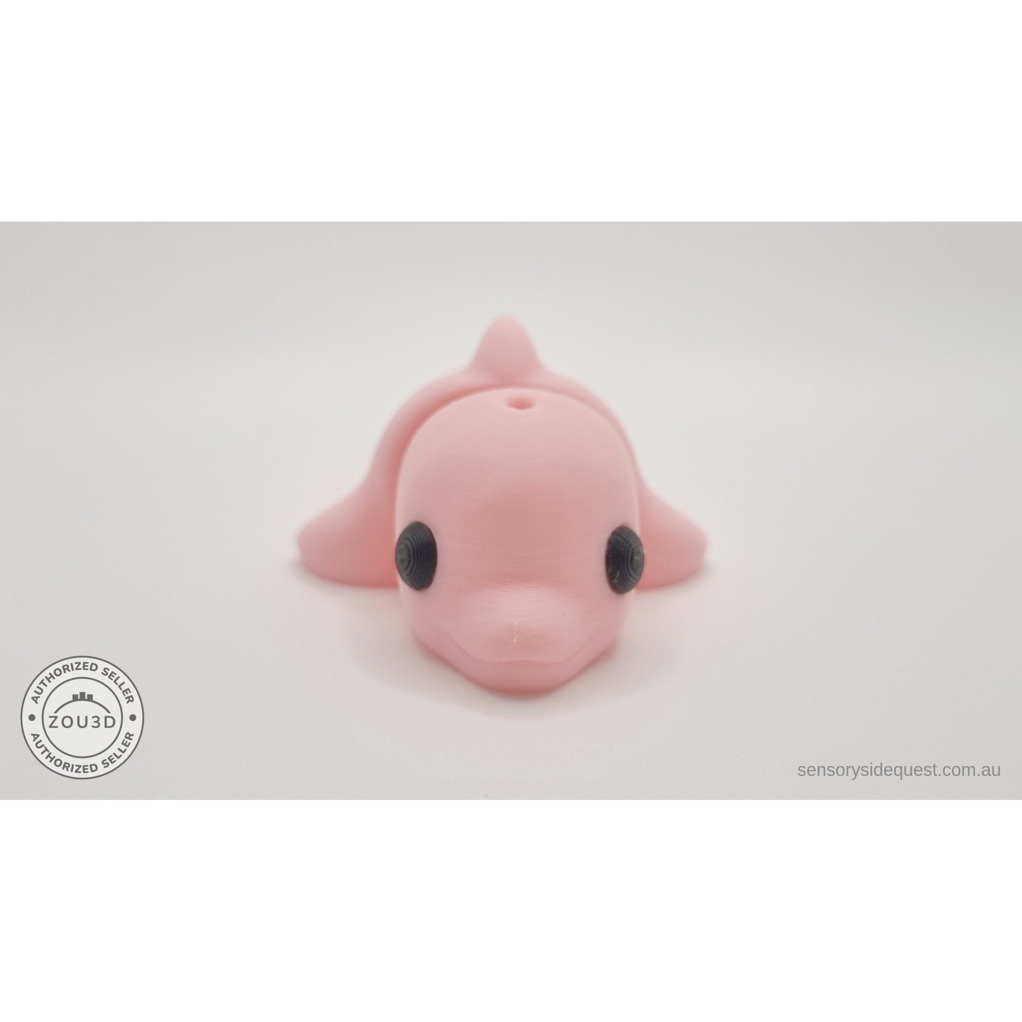 Pink Baby Dolphin 3D printed articulated fidget toy — 3/4 front view showing face and body segments — Sensory Sidequest Australia