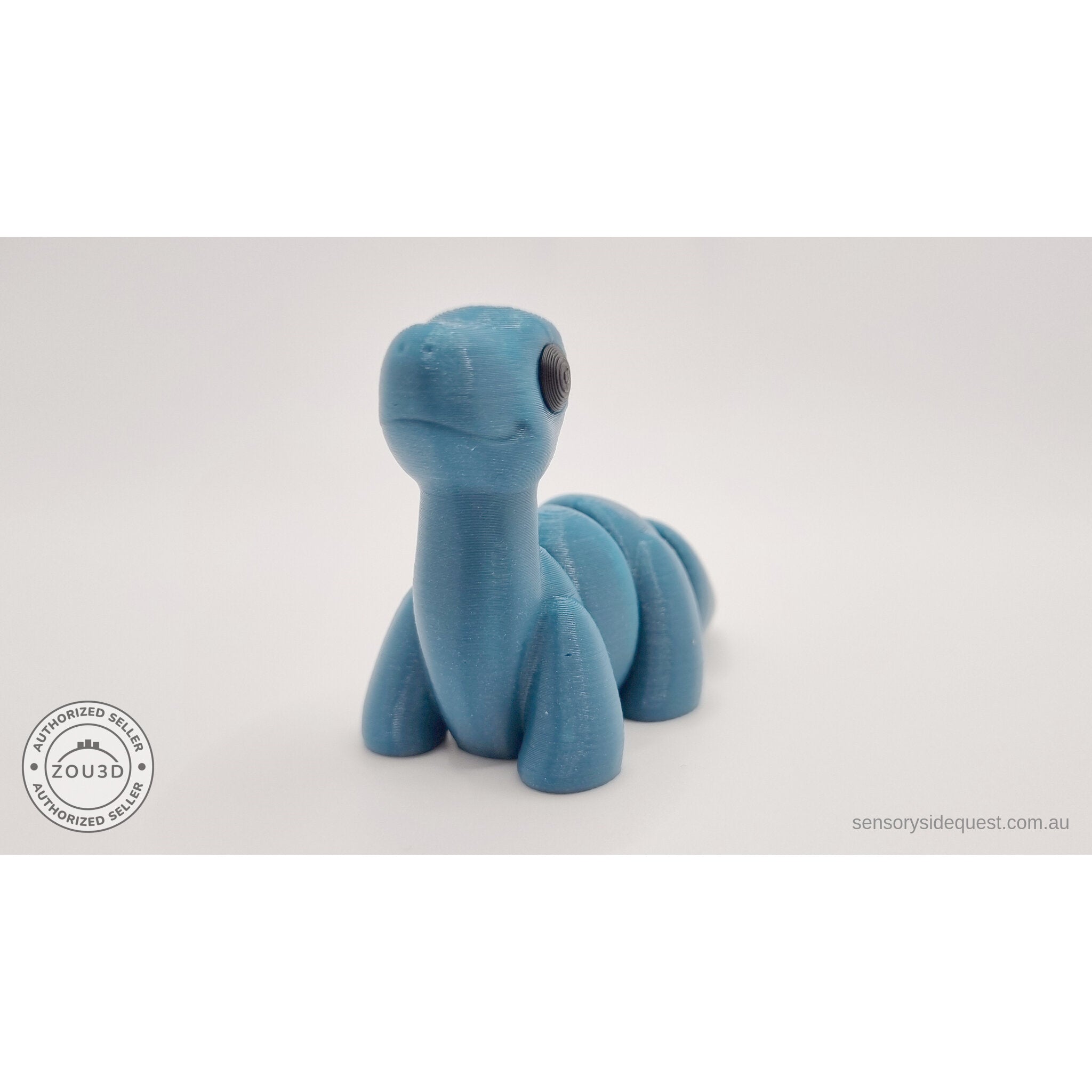 Blue Baby Brontosaurus 3D printed articulated fidget toy — 3/4 front view showing neck, face and body — Sensory Sidequest Australia