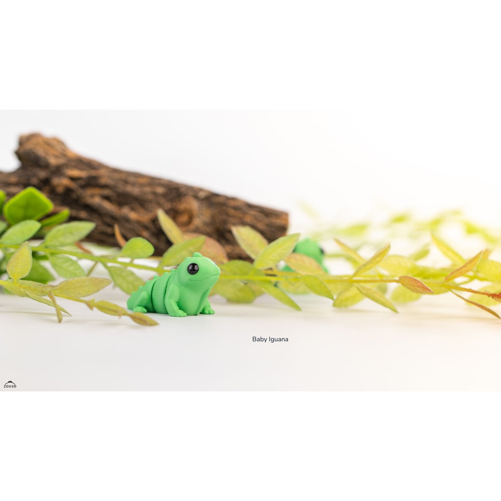 Baby Iguana (ZOU3D) — wide lifestyle render with log and vine backdrop