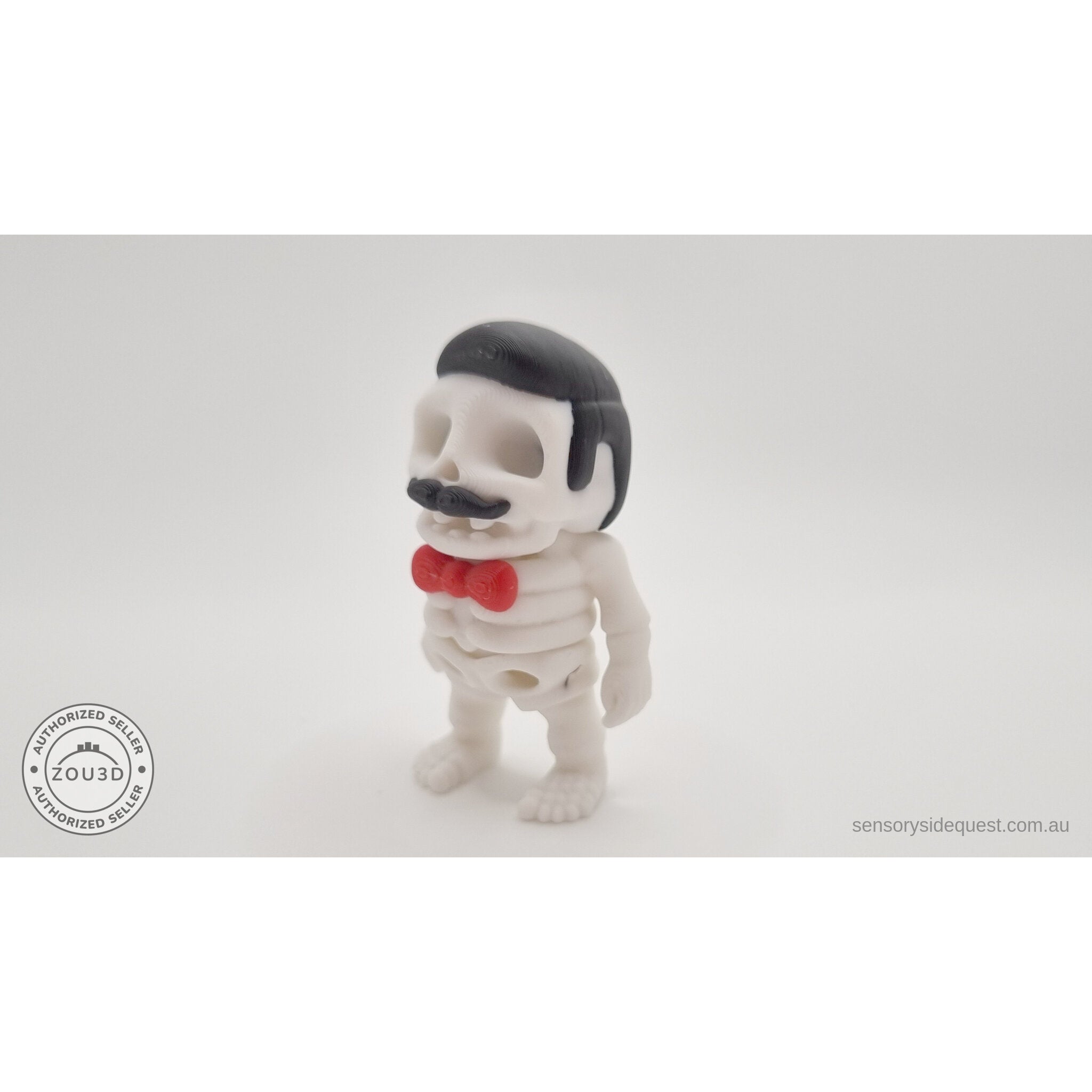 Mr.Skeleton Freddie Mercury variant front closeup showing pompadour hair and moustache detail — 3D printed articulated fidget toy by Sensory Sidequest