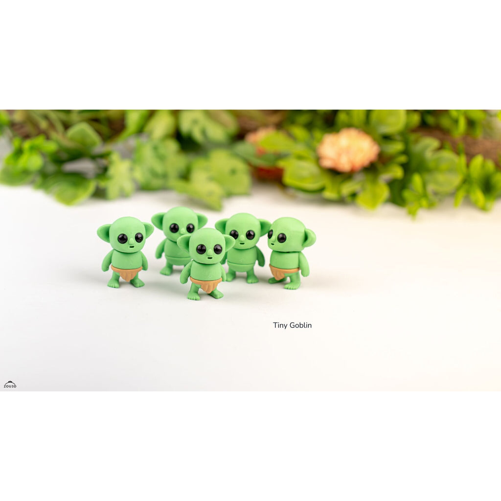 Tiny Goblin ZOU3D — group of five at eye level with foliage backdrop