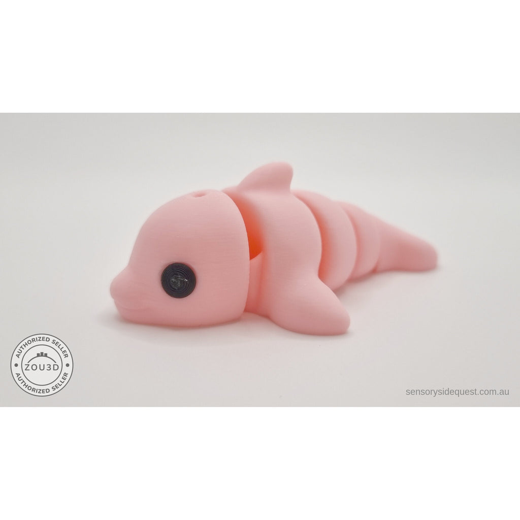 Pink Baby Dolphin 3D printed articulated fidget toy — side profile showing full body and articulation joints — Sensory Sidequest Australia