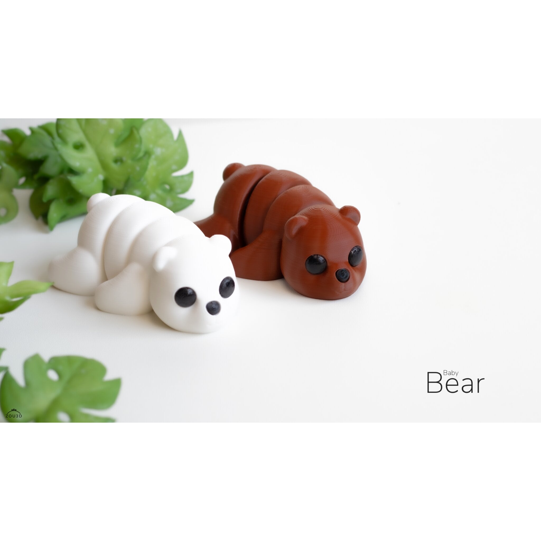 White polar bear and brown bear 3D printed articulated fidget toys by Sensory Sidequest