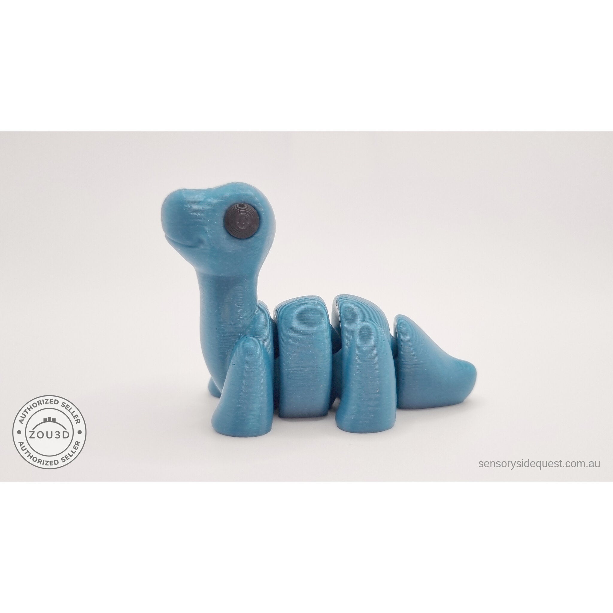 Blue Baby Brontosaurus 3D printed articulated fidget toy — straight front face view — Sensory Sidequest Australia