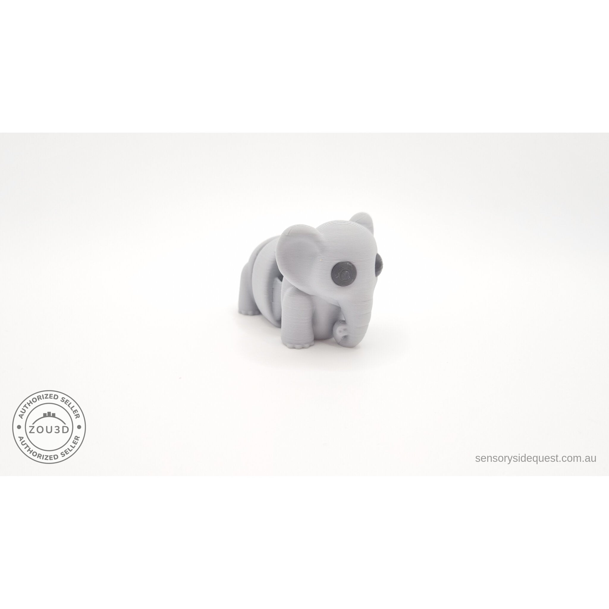 Grey Baby Elephant 3D printed articulated toy — 3/4 front view showing body segments
