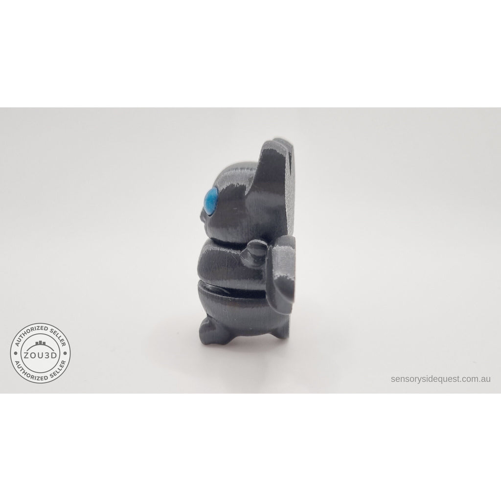 Tiny Bat 3D printed toy with blue eyes — front view, wings spread, white background