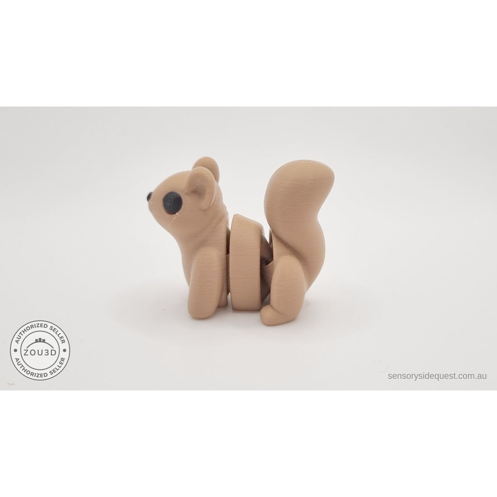 Baby Squirrel Zou3D 3D printed articulated fidget toy — 3/4 left side view showing articulation joints across body and arching tail segments — Sensory Sidequest Australia