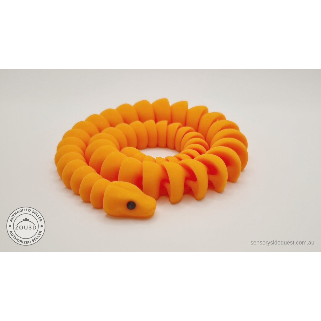 Orange 3D printed ball python fidget toy coiled in a C-shape, showing segmented articulated body — Sensory Sidequest