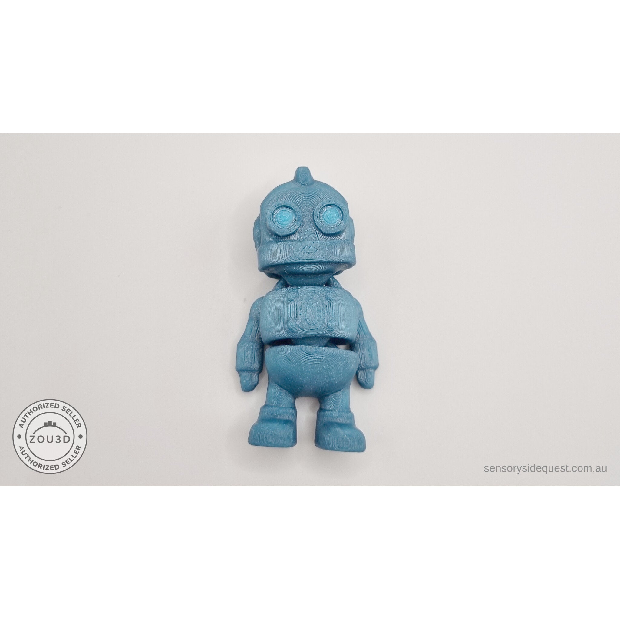 3D printed Tiny Robot articulated fidget toy in teal — front upright view showing dome head, circular eyes, antenna, and compact body — Sensory Sidequest
