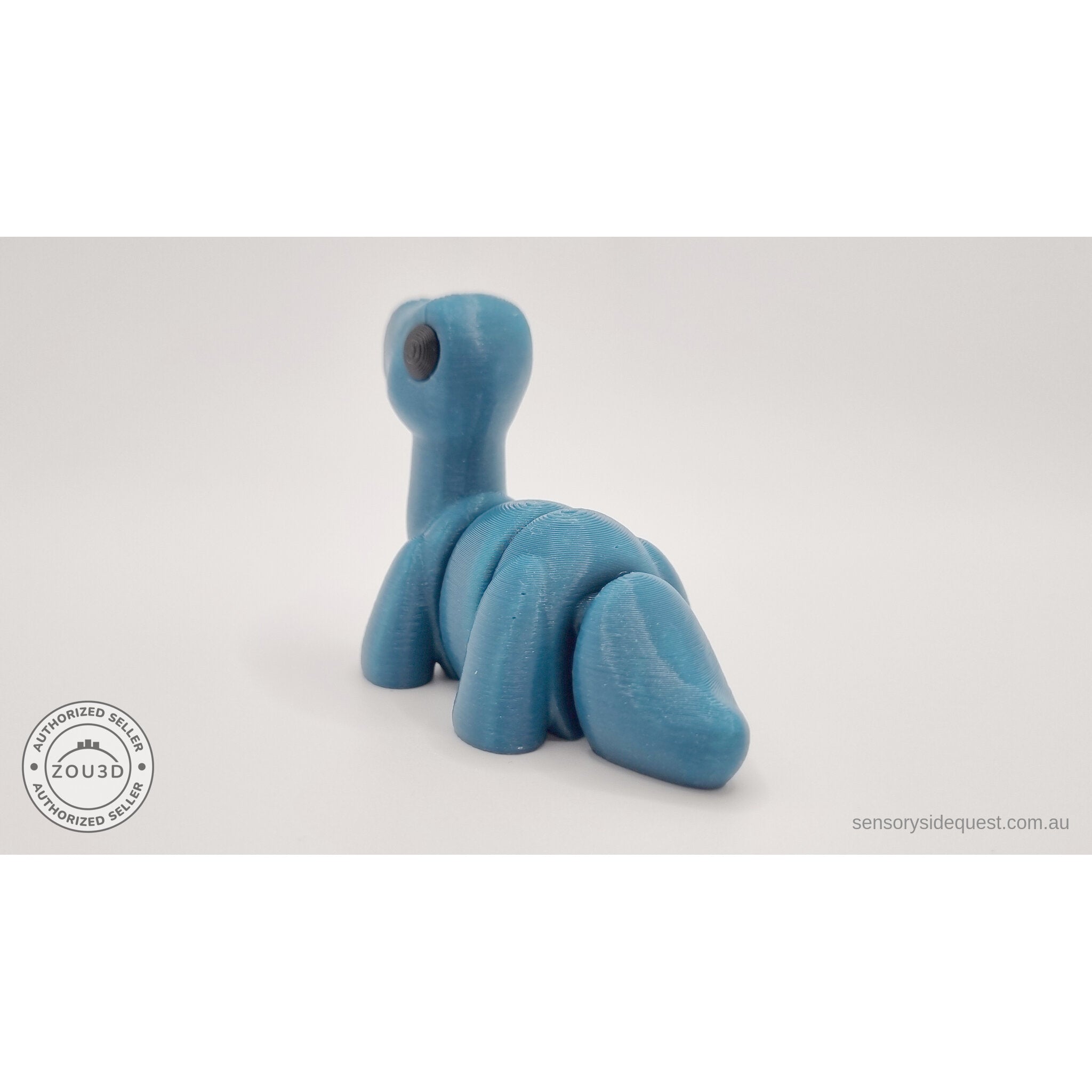Blue Baby Brontosaurus 3D printed articulated fidget toy — rear 3/4 right angle showing body and tail — Sensory Sidequest Australia